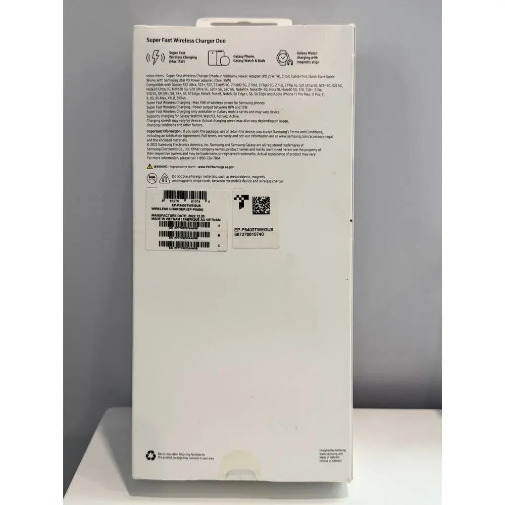 Samsung 15W Super Fast Wireless Charger Duo with Travel Adapter, White